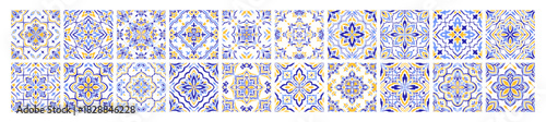 Mediterranean ceramic tile set, border. Blue yellow seamless patterns, no background. Spanish, Sicilian, Portuguese, Italian traditional ornaments. Floral ethnic motifs, mosaic square designs. Vector