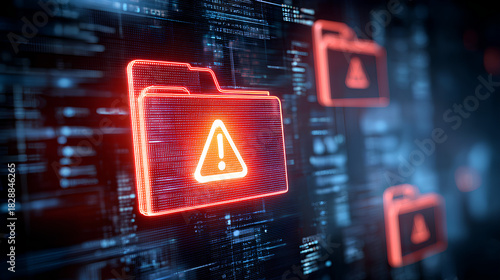 Cybersecurity file breach concept. Digital document and folder warning alert with error, malware attack, data corruption, and information loss through system vulnerability. 