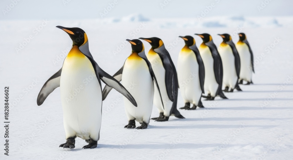 Fototapeta premium Group of King Penguins walking in line on snow