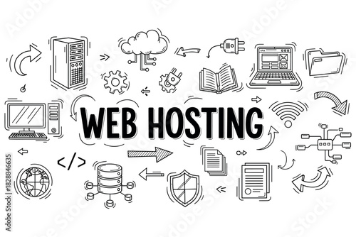 Web hosting concept with server, cloud, and network icons in doodle style