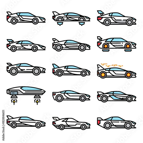 Collection of futuristic sports car line art illustrations with various designs.