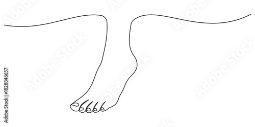 Continuous one line art drawing of bare foot in simple style and outline vector art illustration, Barefoot human footprint drawn in one continuous editable line. Diagonal track of barefoot footprint