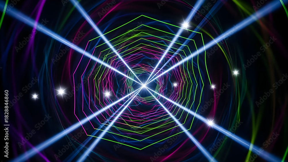Obraz premium Abstract futuristic neon tunnel with geometric light beams and glowing particles