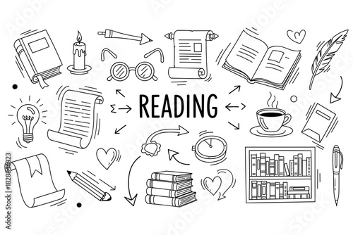 Doodle art of reading essentials: books, coffee, glasses, writing tools, and more