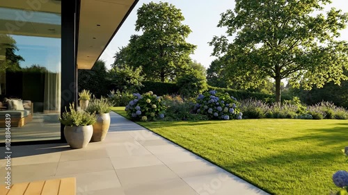 Modern architectural patio with lush green garden and natural sunlight