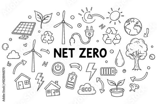Net zero concept with wind turbines, solar panels, and eco-friendly symbols