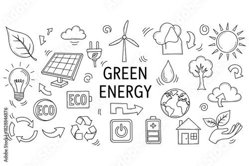 Hand-drawn doodles illustrating green energy concepts with wind and solar power