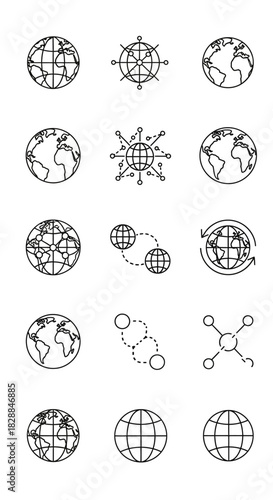 Collection of Globe Icons with Grid Lines and Different Perspectives in Black and White.