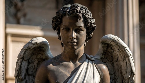 A close-up portrait of a bronze sculpture of a cherubic figure with feathered wings, likely for an important monument
