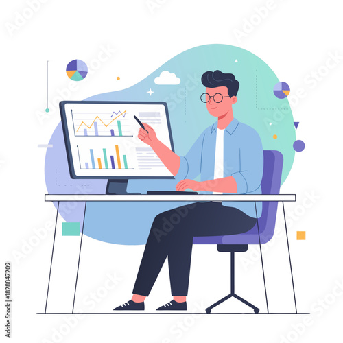 Man in Light Blue Shirt and Dark Pants Sitting at a Desk Working on a Computer Displaying Graphs and Charts with Abstract Shapes and Clouds in the Background