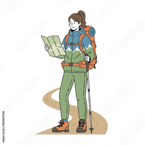 Lone Adventurer Navigates Snowy Path with Map and Trekking Poles Wearing Winter Hiking Gear and Backpack