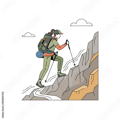 Lone Hiker Ascends Rocky Mountain Peak with Backpack and Trekking Poles Against a Cloudy Sky