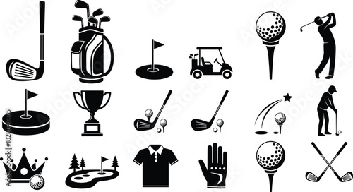 Golf icons, black illustration, sports equipment, golf club, ball tee, golfer swing, trophy symbol, cart design, course layout, athletic theme
