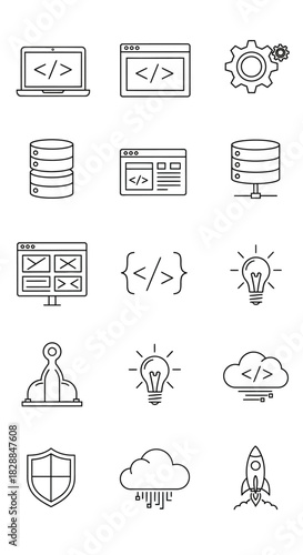 Collection of Hand-Drawn Icons Representing Technology and Coding Concepts.
