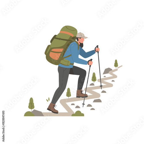Male mountaineer with large backpack and walking sticks ascends a winding path through a sparse natural landscape during daytime outdoor adventure and hiking exploration