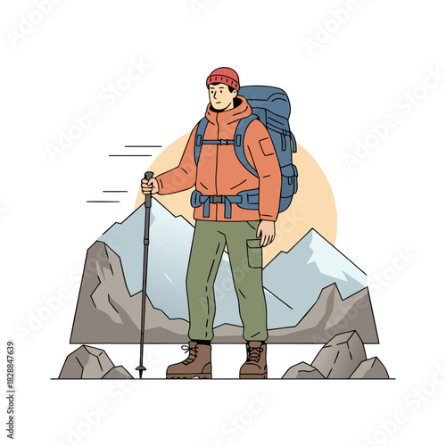 Male Trekker in Orange Jacket and Green Pants Stands with Walking Poles and Large Backpack on Rocky Terrain With Mountains and Sun in Background Vector Illustration
