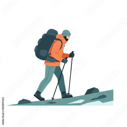 Male Trekker In Side View Climbing Steep Trail With Hiking Boots And Backpack Wearing Orange Jacket And Grey Beanie With Trekking Poles In Flat Vector Style