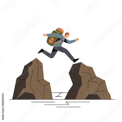 Male Trekker Mid Climb With Backpack and Poles Jumping Over Gap Between Rocks Flat Vector Design Isolated On White