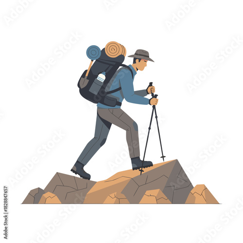 Male Trekker Standing Confidently on a Rocky Peak with Trekking Poles and Backpack on a Black Background Vector Illustration