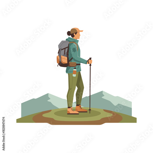 Male Trekker With Backpack And Hiking Stick Stands On Rocky Path Mid-Climb Wearing Outdoor Jacket Boots And Cap With Mountains In Background