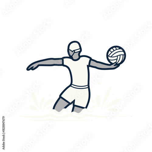 Male water polo athlete silhouette in white swimsuit throwing ball arms extended in water splashes dark background athletic action sport concept