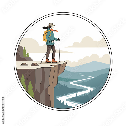 Male Trekker With Backpack and Walking Stick Ascending a Rocky Mountain Trail Overlooking a Winding River Valley on a Cloudy Day