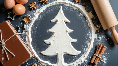 Baking ingredients arranged for festive preparation, featuring flour shaped like Christmas tree, eggs, spices, and baking tools