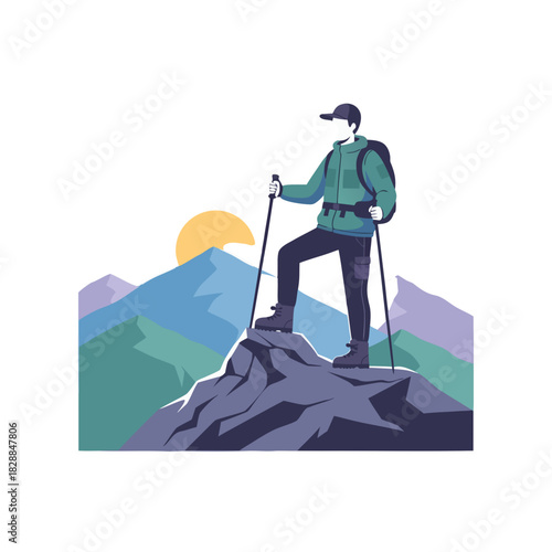 Man Hiker Standing on Mountain Peak with Trekking Poles Sunrise Background Adventure Outdoor Activity