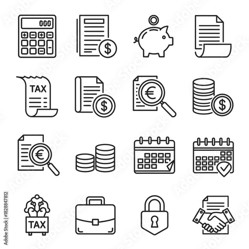 Collection of Finance and Tax Icons in Outline Style.