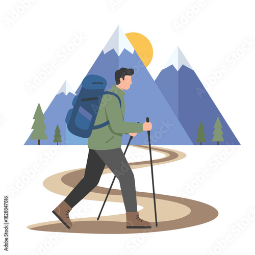 Man Hiking Up Steep Mountain Path With Trekking Poles And Backpack Under A Sunny Sky With Snow Capped Peaks And Pine Trees