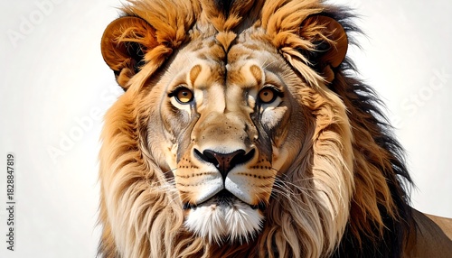 A close-up portrait of a majestic lion with a rich, golden mane and focused, intelligent eyes. It gazes directly at the viewer