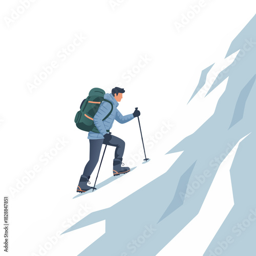 Man In Blue Jacket And Backpack Climbing Snow Covered Mountain With Trekking Poles On A Bright Day