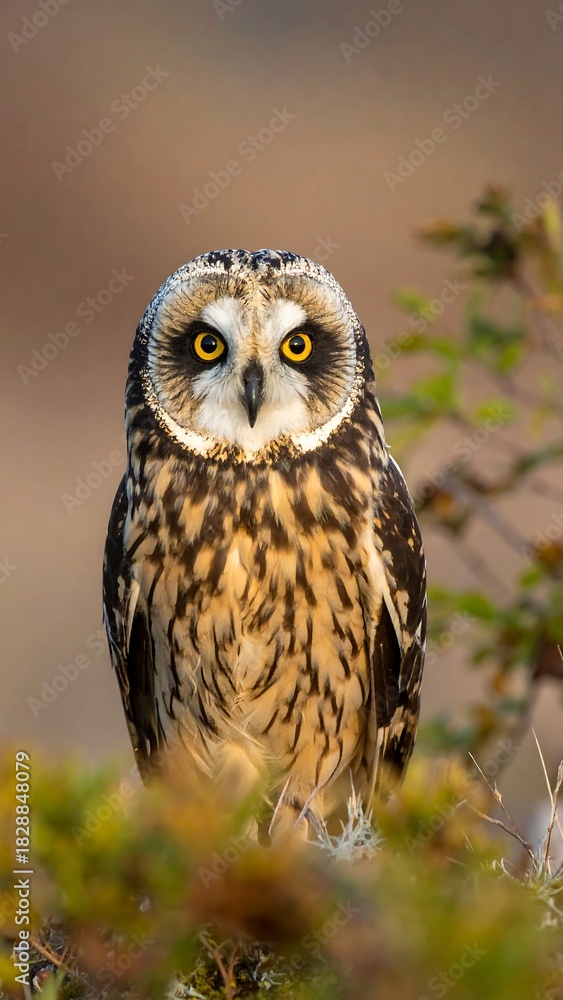 Obraz premium A close-up portrait of a majestic owl with striking yellow eyes, perched amidst natural foliage. The owl?s feathers are beautifully detailed