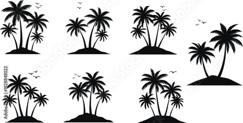 Palm tree silhouette, tropical island, beach icon, sunset vibe, vacation graphic, black vector, nature design, hammock scene, summer mood, travel art