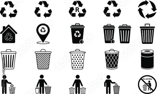 Recycling icons, waste disposal, trash bin, eco symbol, environmental design, black vector, sustainability graphic, litter warning, clean planet, green action