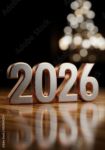 2026 Metallic Numbers On Wooden Floor With Bokeh Lights For New Year Celebration