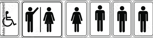 Restroom icons, accessibility symbols, gender signage, toilet graphic, male female, wheelchair user, elderly access, public facility, black vector, inclusive design