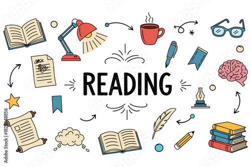 Reading enthusiast icons: books, coffee, lamp, glasses, brain, pen, pencil, paper scroll