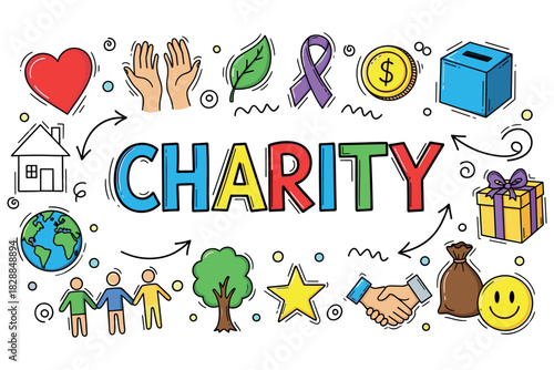 Colorful charity symbols and icons illustrating acts of giving and kindness