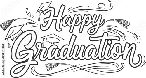 Vector art of happy graduation text with caps and tassels
