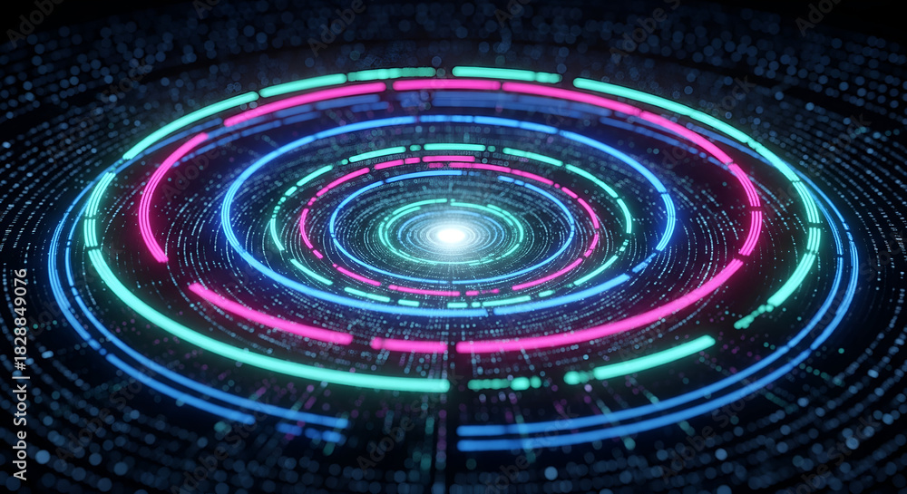 Fototapeta premium Neon light circles abstract background futuristic glowing tunnel technology wallpaper design concept art effect