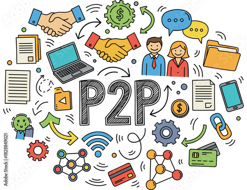 P2p concept with icons of communication, technology, and transactions