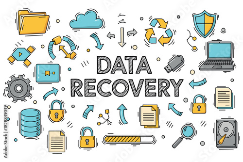 Data recovery concept with doodles of technology icons and symbols