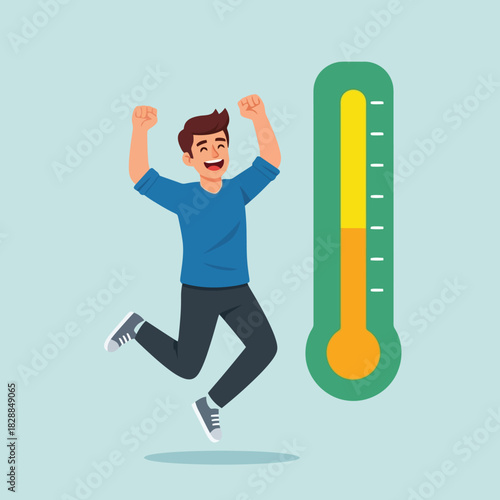 Happy man jumps for joy as thermometer reaches its goal target