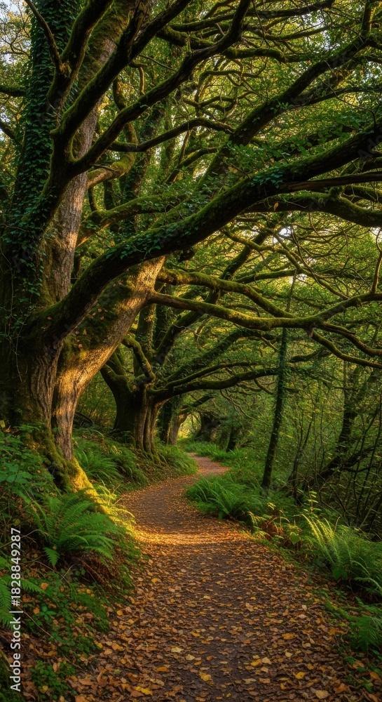 Naklejka premium Enchanting forest path bathed in golden sunlight