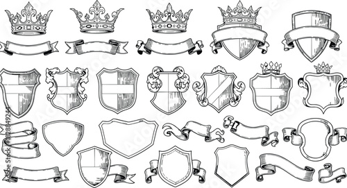 Vintage crown, heraldic shield, ornate banner, classic emblem, black illustration, ribbon design, royal frame, antique style, coat of arms, decorative label