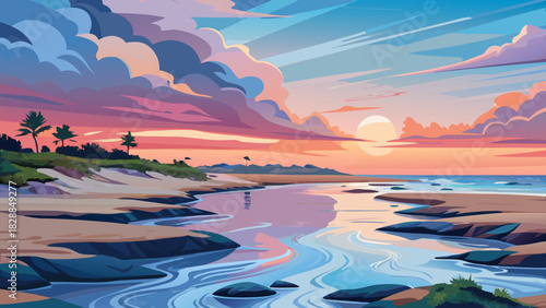 Very beautiful early-morning Atlantic shoreline with pastel skies reflecting across shallow tidal pools at low tide near Pawleys Island, South Carolina, featuring calm waves, smooth wet sand, and a se