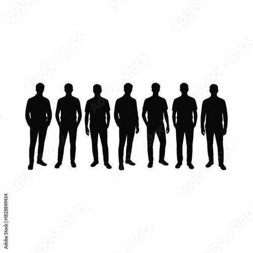 Silhouettes of seven men standing together in a line