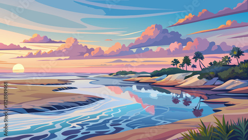 Very beautiful early-morning Atlantic shoreline with pastel skies reflecting across shallow tidal pools at low tide near Pawleys Island, South Carolina, featuring calm waves, smooth wet sand, and a se