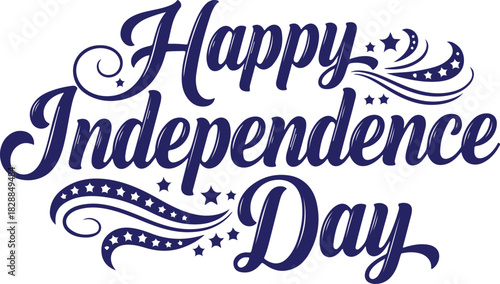 Vector art of happy independence day script lettering with stars and swirls